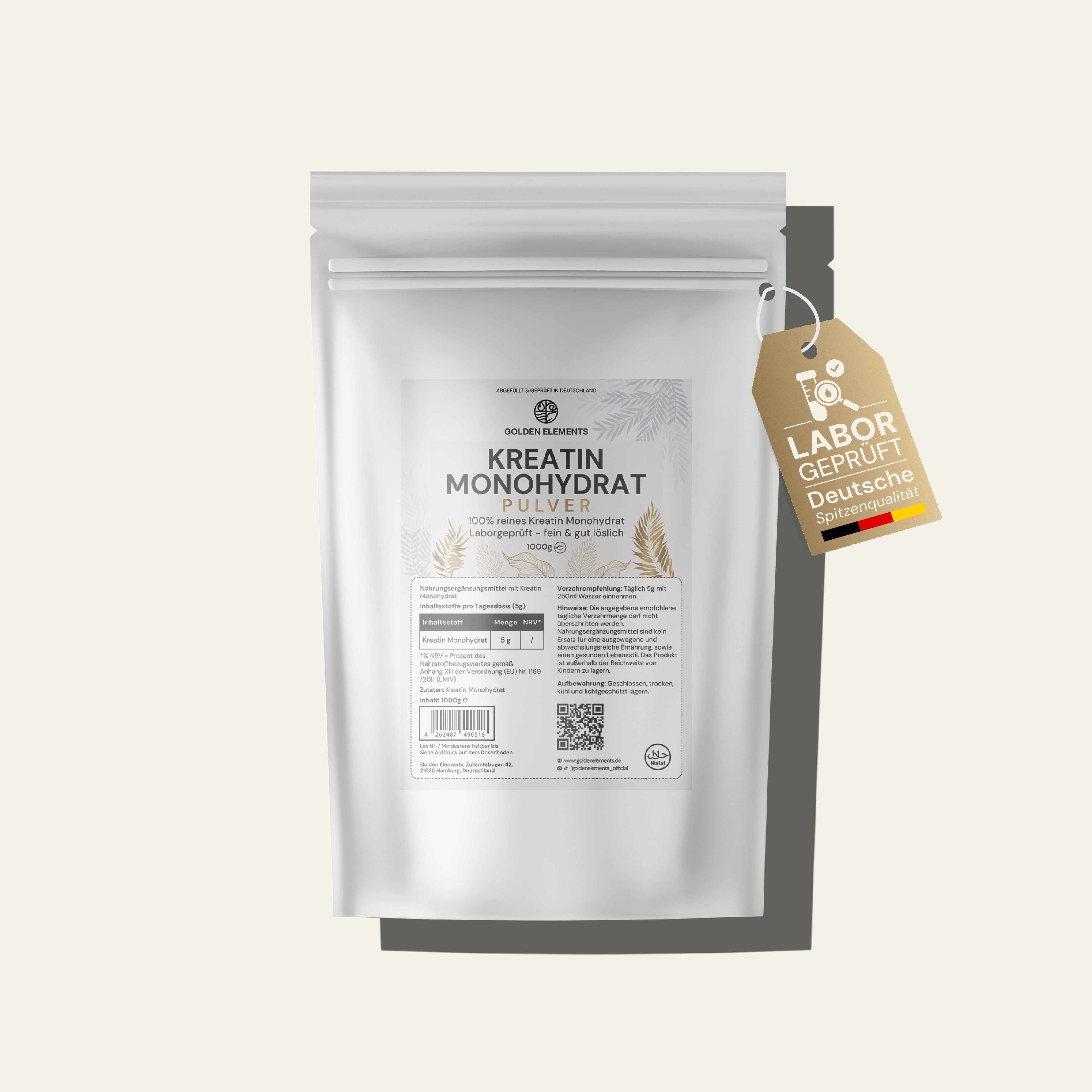 Produktabbildung von Golden Elements Kreatin Monohydrat – 1000g reines Kreatinpulver